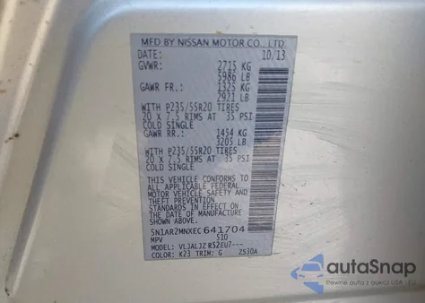 2014 Nissan Pathfinder Platinum/S/Sl/Sv z USA, uszkodzony, nr VIN 5N1AR2MNXEC641704